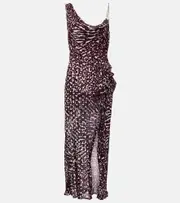 [Dries Van Noten] Dries Van Noten Printed draped one-shoulder midi dress AU 10 burgundy