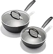 OXO Good Grips 1QT and 2QT Saucepan Pot Set with Lids, 3-Layered German Engineered Nonstick Coating, Stainless Steel Handles with Nonslip Silicone, Black
