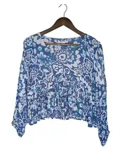 O'Neill Babydoll Floral Top Medium Blue Y2K Boho Hippie Beach Coastal Gauze