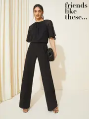 Friends Like These Black Petite Chiffon Flutter Sleeve Wide Leg Jumpsuit (AW8715) | $85