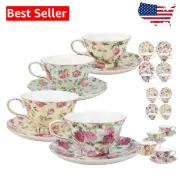 Classic Floral Porcelain Tea Cup and Saucer Set - 4 Pieces, Gold Trim Elegance
