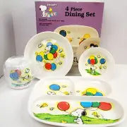 Danara Peanuts Snoopy Dining Set 4 Pc Plate Cup 2 Bowls Woodstock Melamine Vtg