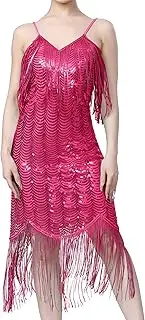 [KEOYA] Women Fringe Latin Dance Dress Sequin V Neck Sleeveless Perform Costume Vintage Party Outfit