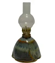 Vtg Stoneware Art Pottery Kerosene Oil Lamp Lantern Wick Globe Hong Kong signed