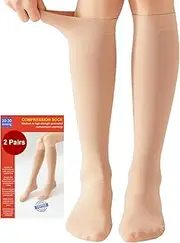 2 Pairs of Medical Compression Stockings for Men and Women, 20-30 mmHg, Class 2, Closed Toe, Graduated Support, Support Stockings for Varicose Veins, Edema, Flight, 2 x beige, Large