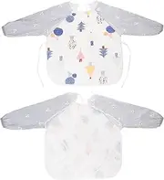 OFFIGAM Long Sleeve Smock Cartoon Apron Neck Shoulder Design Cute Feeding Bib for Autumn Winter Apron for Mess Eating