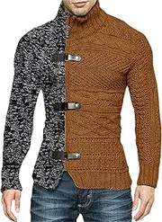 [SWJGLITTR] Men's Color Block Turtleneck Cardigan Winter Knitted Cardigan Sweaters for Men Long-Sleeved Slim Fit Button Cardigans, Brown, 3X-Large
