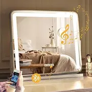 [Simplus] Vanity Makeup Mirror with Lights Hollywood LED Mirrors Stand, Bluetooth Speaker USB Power Charging and Smart Touch Control Screen, with Detachable 10x Magnifying Mirror White, 60x52cm