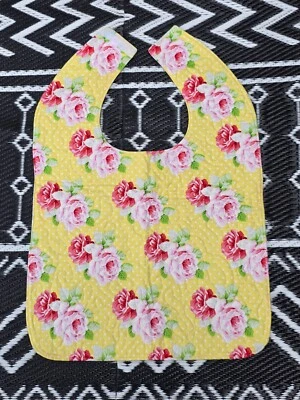 Handmade Adult Special Needs bib quilted yellow polka dots flowers floral roses