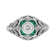 Art Deco Style Lab-Created Diamond Emerald Floral Ring Gift Her 14K White GoldFN