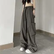 Drawstring High-Waist Straight-Cut Cargo Pants Gray - XL