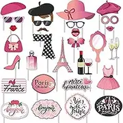 30 Pcs Paris Photo Booth Props Kit - Eiffel Tower Themed Decoration for Oh La La Baby Shower, Birthday, French Party Supplies