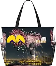 [Ghjkfbf] Fireworks Pattern Print Large Capacity Beach Travel Bag For Family, Beach Tote Bag For Women With Zipper Pockets, Black, One Size