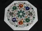 White Marble Coffee Table Top Inlaid with Multicolor Stone Balcony Corner table