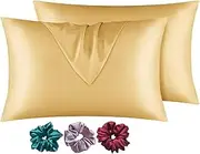 ARMOXA Premium Silk Satin Pillow Cover for Hair and Skin with Envelope Closure|3 Piece Satin Silk Soft Scrunchies Free for Women Stylish| Set of 2 Golden Pillow Case | Standard Size