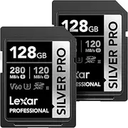 Lexar 128GB (2-PK) Professional Silver PRO SD Card, UHS-II, C10, U3, V60, Full HD, 4K, Up to 280MB/s Read SDXC Memory Card, for Professional Photographer, Videographer, Enthusiast (LSDSIPR128G-B2NNU)