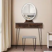 LEVEDE Makeup Vanity Desk with Round Mirror and LED Lights, Dressing Table Stool Set Metal Legs, Dressing Table Organiser with Drawers,3 Adjustable Colors LED Lights for Bedroom Dressing Room Brown