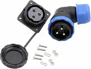 HangTon HE29 3 Pin Power Waterproof Connector 45A, Male Female Cable 90 Degree Angled Plug + Panel Mount Socket, High-Voltage Outdoor Marine Electrical Circular Solder Plastic Threaded