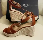 RALPH LAUREN Hale-ES-CSL Platform Sz. 7.5 & 8 Polo Tan Burnished Calf Wedge Logo
