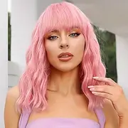 Wig with Bangs Soft Short Wavy Bob Wigs for Women Synthetic Shoulder Length Women's Curly Wigs for Carnival Costumes Cosplay Daily