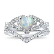 1 Carat Heart Lab White Opal CZ Halo Wedding Engagement Ring Set Sterling Silver