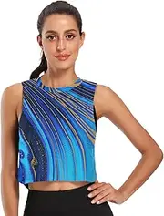 [ODAWA] Blue and Gold Marble Painting Womens Sleeveless Crop Tops Athletic Running Tank Tops