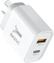 RKINC 20W USB C Fast Charger, 2-Port PD Wall Charger With 20W Power Delivery USB-C & 18W QC 3.0 USB-A Fast Charging Compatible With iPhone 15 14 13 12 Pro Max Mini iPad, Samsung