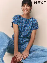 Blue Tile Print Flutter Sleeve Textured Smart Top (H16001) | $41