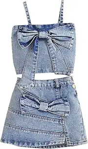 [LXXIASHI] 2PCS Baby Girl Denim Clothes Sets Spaghetti Strap Bowknot Camisole Crop Tops + Split Hem Skirt