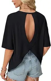 [Rooscier] Women's Open Back Workout Tops Cut Out Half Sleeve Crew Neck Casual T Shirts Blouse