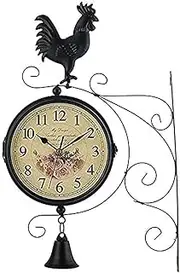 Outdoor Wall Clock, Garden Retro Double-Sided Decorative Wall Clock with Rooster Bell, Indoor Living Room Wrought Iron Silent Clock Decoration for Office, Swimming Pool, Terrace, W