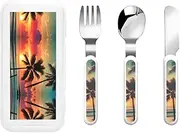 Tropical Beach Palm Tree 3 Piece Set For Camping Stainless Steel Flatware, Spoon, Fork, Knife, Ideal For Outdoor
