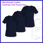 Benchmark Ladies V Neck Contrast Trim Scrubs Top with 2 Way Stretch Fabric New