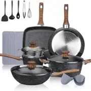 Leetaltree 16-Piece Nonstick Cookware Set with Utensils and Steamer Black