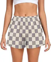 [FRODOTGV] Gray Checkerboard Women Athletic Shorts Elastic Waisted Basketball Shorts for Running Walking Workout Beach Lounge S
