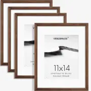 11x14 Picture Frame Set of 4 Natural Solid Walnut Photo Frames with 8x10 Remo...