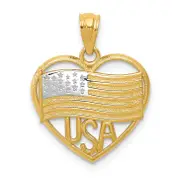14K Yellow & Rhodium W/Rhodium Polished American Flag Usa In Heart Pendant