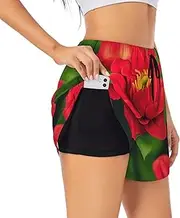[GaxfjRu] Red Beautiful Flower Print Women's Running Shorts High Waisted Running Shorts Pocket Sporty Gym Elastic Short