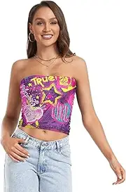 [GuoChe] Women's Strapless Crop Tops 1970s Disco Retro Grunge Graffiti Elastic Cleavage Cover Up Bandeau Bra for Lady Club, 1970s Disco Retro Grunge Graffiti9, Medium