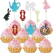 Gyufise 28 Pack Alice In Wonderland Cupcake Toppers Glitter Tea Party Eat Me Cupcake Picks Lets Partea Cake Decorations Babyshower Boy Girl Kids Birthday Tea Party Supplies