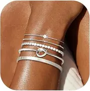[Harry and Henry] 5pcs Chunky Gold Bracelets Stack Chunky Gold Cuff Bangles for Women Non Tarnish Dainty Silver Chain Bracelet Layered Snake Chain Cuban Link Bracelets Pack for Women Trendy 2025