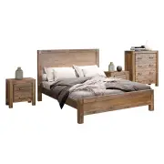 4 Pieces Bedroom Suite in Solid Wood Veneered Acacia Construction Timber Slat King Size Chocolate Colour Bed, Bedside Table & Tallboy