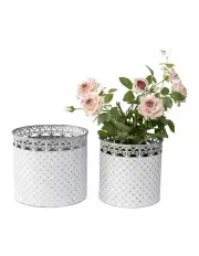 [Willow & Silk] Nested Designer Round Planter Buckets Set of 2 in White