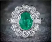 Art Deco Style Oval Lab Created Diamond & Emerald Wedding 14k White Gold FN Ring