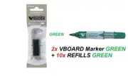 2x Pilot V BOARD Master BULLET WHITEBOARD MARKER GREEN+ 10x REFILLS GREEN