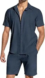 [Maiyifu-GJ] Mens Cotton Linen 2 Pieces Shirt Button Down Short Sleeve Shirts Shorts Sets Summer Casual Beach Outfits for Men, Dark Blue, Small