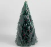 Crate & Barrel Christmas Tree Candle Green Wax Holly Berry Design 5" New Sealed