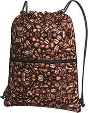 EdWal Funny Roasted Coffee Beans Print Drawstring Backpack Gym Bags Sports Bags With Zipper Pocket For Travel Beach, Black, One Size