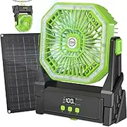 Astarama 10000mAh Solar Fan,Camping Fan with 10W Solar Panel & Light, 4 Speeds Battery Operated Fan with LED Display,Timer,Hanging Hook & 180°Adjustable.Portable Fan Rechargeable for Outdoor (Green)