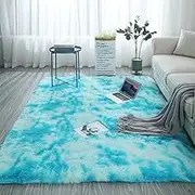 Fluffy Rainbow Rugs for Girls Bedroom, Shag Colorful Rectangle Area Rug for Living Room, Soft Fuzzy Anti-Slip Carpets for Child, Cute Kids Playmats for Baby Nursery Home Decor (Blue, 100 * 160cm)